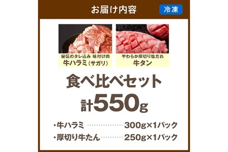 【訳あり】牛ハラミ（サガリ） 秘伝のタレ込み 味付け肉＆やわらか厚切り 塩だれ牛タン 食べ比べセット 計550g（2026年1月上旬～発送）