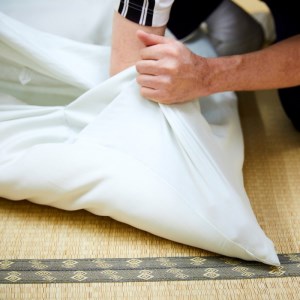 天然繊維手作り　木綿わた入り敷ふとん（ポピー柄「ブルー」）