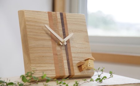 ＜木の時計＞置き時計にも掛け時計にもなる　寄せ木の時計　インテリア 木の時計 ハンドメイド置き時計 ハンドメイド掛け時計 木のぬくもり 無着色 オイル仕上げ 　003-10