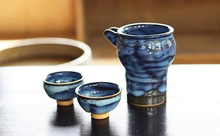 京丹波町の窯元「工房瑞穂」窯変釉片口酒器セット（青）[035MG002]