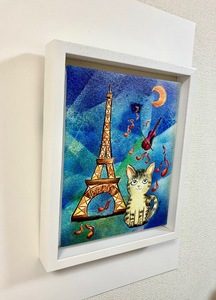 【青木芳恵】笑顔を届ける絵『バイオリンに恋する猫のYocci』（キャンバス印刷＋BOX額＋UVカット） バイオリン_OS146-0012