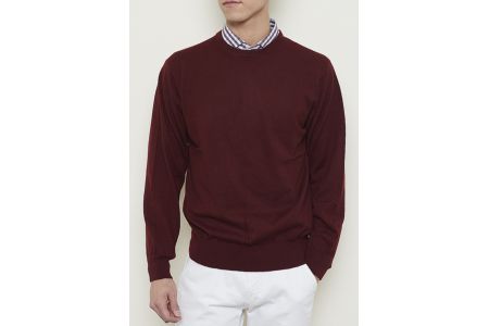 日本製 カシミヤ100% 丸首セーター ワイン 2Lサイズ [2541]
