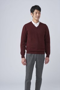 日本製 カシミヤ100% Vセーター ワイン Lサイズ [2631]