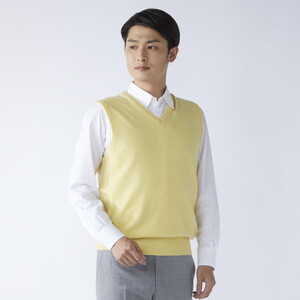 日本製 カシミヤ100% Vベスト イエロー Sサイズ [2633]
