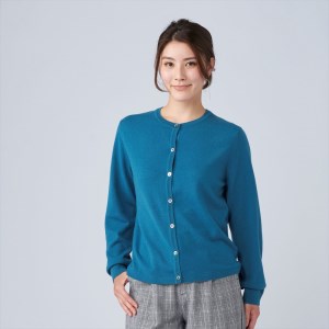 日本製 カシミヤ100% レディース クルーカーディガン ダークグリーン Sサイズ [2669]