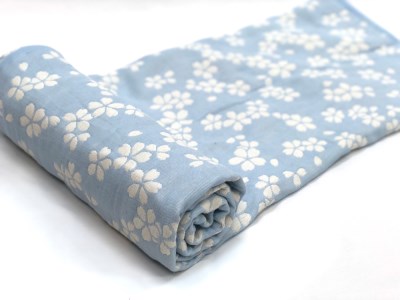 コットン ジャカード織 五重ガーゼハーフケット 約100×140cm ブルー色 FNG-008 [3240]