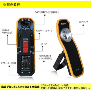充電式LED 20W 耐衝撃 スリム型 回転フック 120°ワイド照射 腰袋にも入る スマホ用三脚利用可 YC-06H