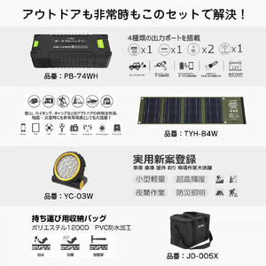 パワフル発電&蓄電 4点SET 多機能ポータブルバッテリー 折り畳み式ソーラーパネル マグネット付充電式ライト 持ち運び用収納バック CB-B4W74WH05X03W