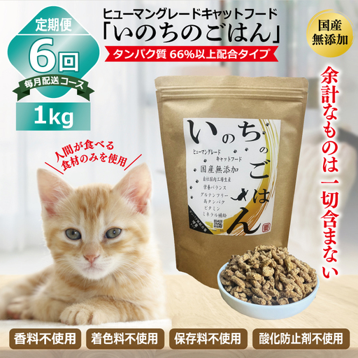 【定期便】国産無添加 キャットフード 1kg×全6回「いのちのごはん」タンパク質 66％以上配合タイプ【毎月配送コース】