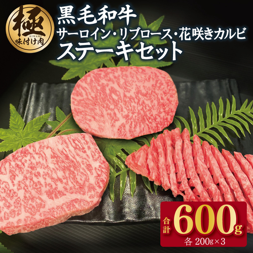 黒毛和牛 サーロイン/リブロース/花咲カルビ ステーキ 食べ比べセット 合計600g（200g×3種） 極味付け肉