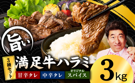 【満足牛ハラミ】3種セット （甘辛タレ漬け・中辛タレ漬け・オリジナルスパイス仕込み）  合計3kg