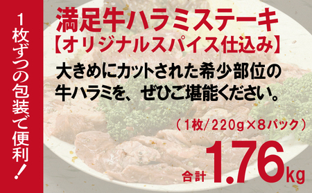 【満足牛ハラミステーキ】オリジナルスパイス仕込み 1枚220g×8P 合計1.76kg 