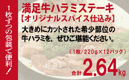 【満足牛ハラミステーキ】オリジナルスパイス仕込み 1枚220g×12P 合計2.64kg 