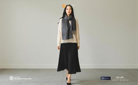 『Noble Fibre』100％カシミヤ・マフラー グレーン＆チェック フリンジ付き