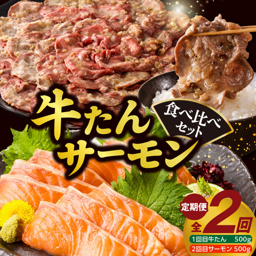 牛タン＆サーモン 食べ比べ 定期便 2回 総量1kg