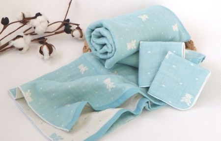 【babybear】多重ガーゼ miniバスタオルタオル&ハンカチ 4枚セット(ブルー)