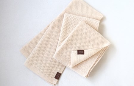 【ソフトハニカム】泉州南部織 フェイスタオル3枚セット(ベージュ)+ソフトハニカム織ハーフハンカチ1枚