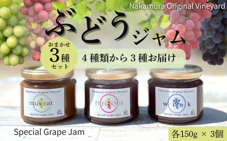 ぶどうジャムおまかせ3種詰合せ l ぶどう100％スペシャルジャム 砂糖不使用 オリジナル品種からおまかせ3種セット 原材料はぶどうのみ 中村オリジナルぶどう園 国産ぶどう100％使用 高級手づくりジャム 無添加 無着色 果実そのまま ギフト 贈答 プレゼント 日本製 大阪　河内長野