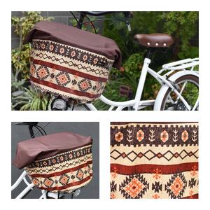 マルチサイズ:無地ブラウン×ネイティブボーダー柄バスケットカバー(自転車前かごカバー)