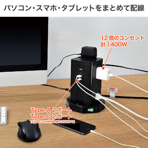タワー型ＵＳＢタップ　ＰＤ４０Ｗ　WBS-TW12442BUC(BK)