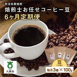 【６か月定期便】焙煎士お任せ100g×3種類セット[豆のまま] 受注自家焙煎 珈琲豆 コーヒー豆