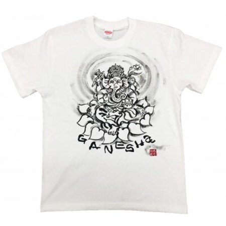 手描きTシャツ 仏画 ガネーシャ 白 (半袖 XLサイズ)【1615512】