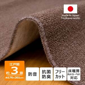 カーペット 江戸間 3畳 防音 抗菌防臭 厚手 ツワブキ 176×261cm ブラウン 日本製【1638808】