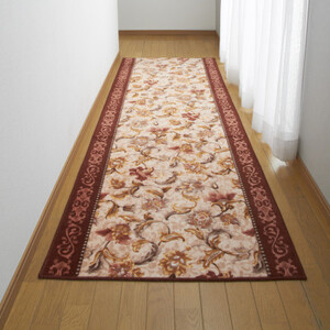 日本製 廊下カーペット 65cm×240cm 【オリエンタル更紗】 滑り止め加工 (エンジ)【1273291】