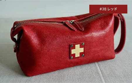 木の庄帆布 小物入れ ラウンドポーチ K-KHG-WBP01T　#38 RED(レッド)  - レザーのなめらか感を引き出すボックスポーチ