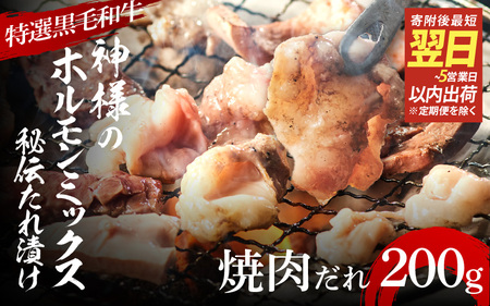 【 スピード発送 】【 特選 黒毛和牛 】 神様のホルモンミックス 秘伝たれ漬け 200g（焼肉だれ1p）