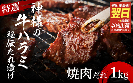 特選神様の牛ハラミ 秘伝たれ漬け 1kg（焼肉だれ2p）
