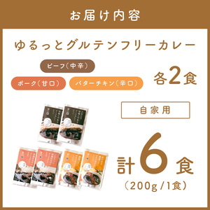 【自家用 化粧箱なし】ゆるっとグルテンフリーカレー ビーフ（中辛）ポーク（甘口）バターチキン（辛口） 合計6食セット【092D-007】