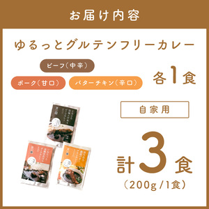 【自家用 化粧箱なし】ゆるっとグルテンフリーカレー ビーフ（中辛）ポーク（甘口）バターチキン（辛口）合計3食セット【092E-009】