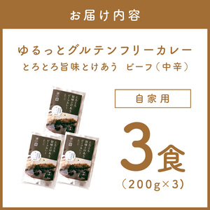 【自家用 化粧箱なし】ゆるっとグルテンフリー とろとろ旨味とけあうビーフカレー（中辛）3食セット【092E-011】