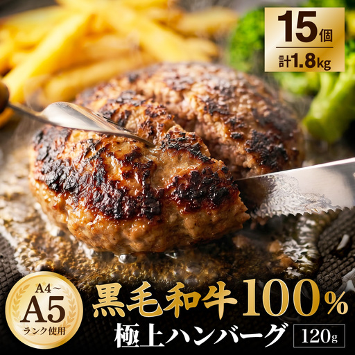 【A4～A5ランクの黒毛和牛100%】 ハンバーグ 120g×15個 （計1.8kg） ／ 黒毛和牛 黒毛和種 和牛 国産牛 牛肉 お肉 肉 大阪府 阪南市 冷凍