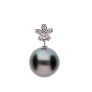 【星桜】ブラックパール（タヒチ 黒蝶真珠） 10mm セミラウンド ダイヤモンド Pt900 プラチナ ペンダントトップ