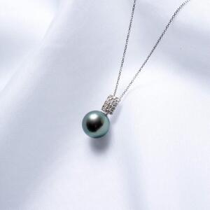 【月影】ブラックパール（タヒチ 黒蝶真珠） 10mm セミラウンド ダイヤモンド Pt900 プラチナ ペンダントトップ