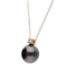ブラックパール ダイヤモンド  イエローゴールド ペンダントネックレス｜無調色 黒蝶真珠 8.0mm K10YG｜チェーン付き