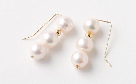 アコヤ真珠3粒ピアス 6.5mm~7mmシルバー 14金メッキ　　