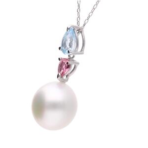 【紫陽花】シロチョウパール ブルートパーズ ピンクトルマリン ホワイトゴールド ペンダントトップ｜無調色 白蝶真珠 南洋真珠 10mm K18WG