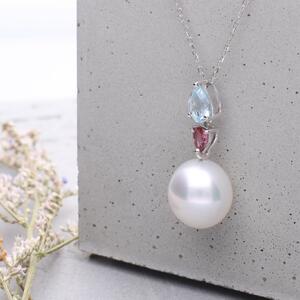 【紫陽花】シロチョウパール ブルートパーズ ピンクトルマリン ホワイトゴールド ペンダントトップ｜無調色 白蝶真珠 南洋真珠 10mm K18WG