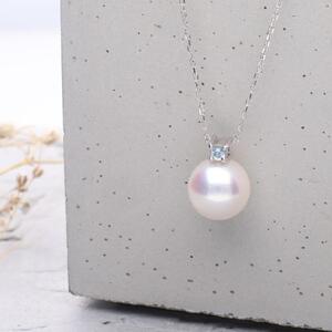 3月 誕生石 アクアマリン 無調色 アコヤ真珠（日本） 8.0mm ラウンド Pt900 プラチナ ペンダント ネックレス（チェーン付き）