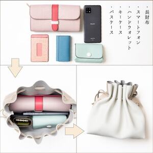 【シルバーホワイト】国産本革の巾着バッグ シュリンク型押し牛革使用(ショルダー付き)【1532417】