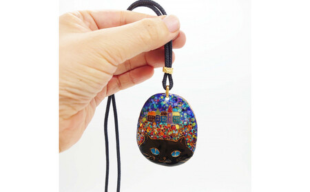 金彩無線七宝焼 黒猫のネックレス