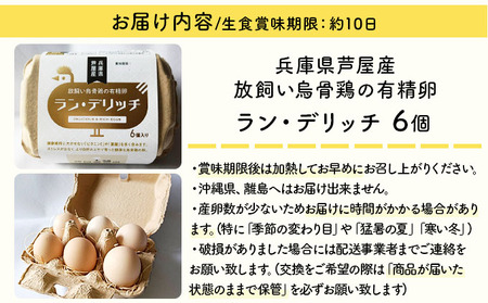 兵庫県芦屋産 放飼い烏骨鶏の有精卵『ラン・デリッチ』 | 6個入 卵 たまご 烏骨鶏 新鮮 産直 卵詰め合わせ 卵セット 高級卵 玉子 放飼い