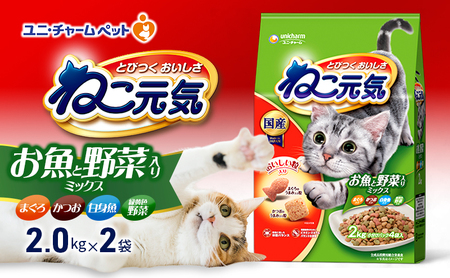 ねこ元気 お魚と野菜入りミックス まぐろ・かつお・白身魚・緑黄色野菜入り 2.0kg×2袋