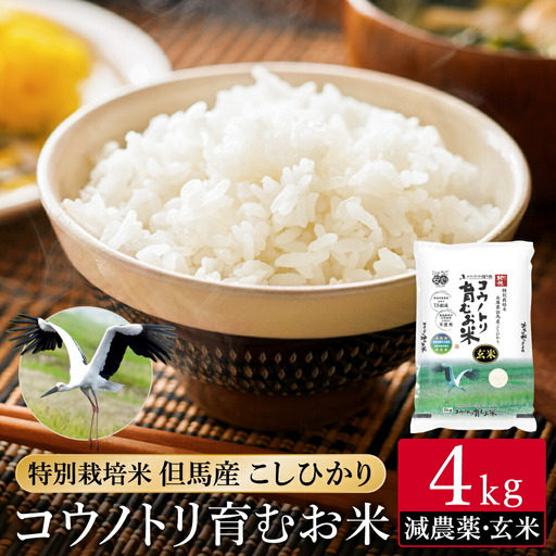 令和7年産 減農薬 玄米 特別栽培米 4kg コウノトリ育むお米 但馬産 こしひかり 兵庫県産(2kg×2袋) 減農薬 お米 4キロ 玄米 コウノトリ米 コシヒカリ コメ こめ ご飯 ライス 減農薬米