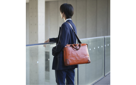 豊岡鞄 craftsmanship クロコ型ブリーフ サンセット 197712 / 木和田正昭商店 クロコダイル調 本革 ブリーフケース ビジネスバッグ メンズ ビジネスカジュアル カバン バッグ A4ファイル収納 手持ち ショルダーベルト付属 2way