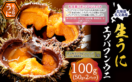 【礼文島リボンプロジェクト】北海道 礼文島産 採れたて バフンウニ 塩水パック 50g×2 生うに 生ウニ 塩水うに 魚貝類 雲丹