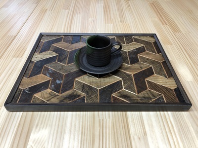 AV2　KOZAinoOBON【古材のお盆】組亀甲 【 古材 お盆 盆 和風 ランチョンマット トレイ トレー レトロ 手作り 木製 木目 和柄 亀甲柄 亀甲 】